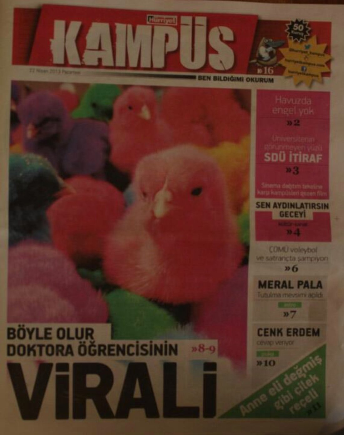 Hürriyet Kampüs cover with painted chicks and the headline about a doctoral student's viral