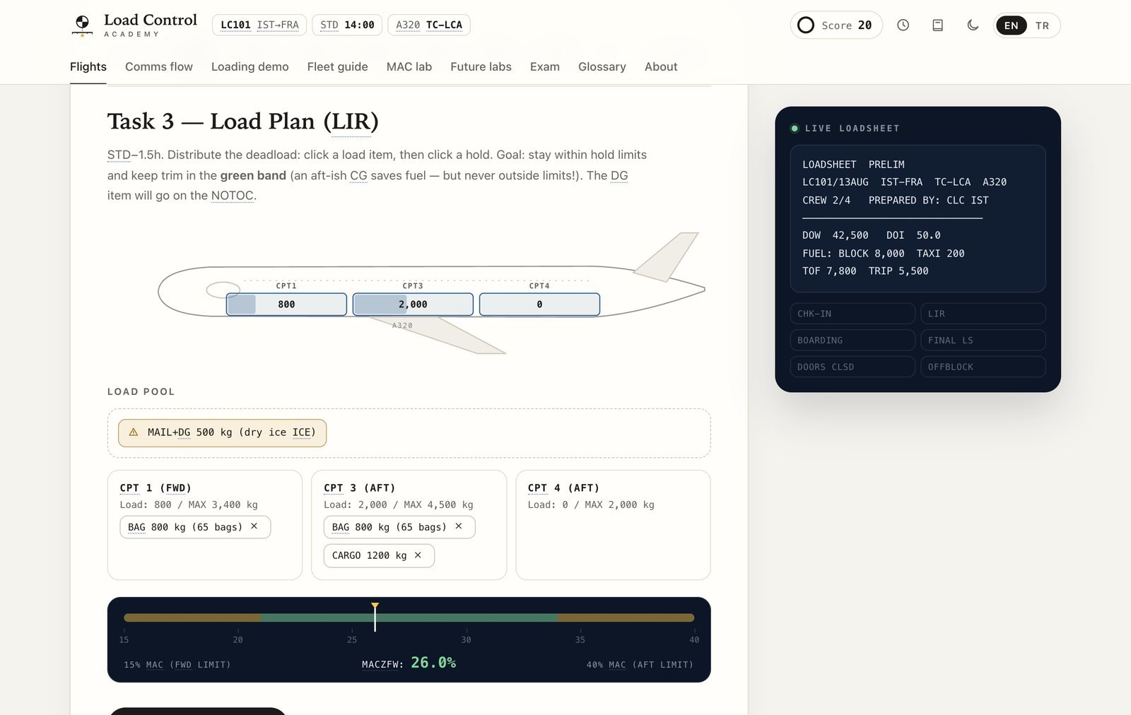 Task 3, Load Plan: baggage loaded into CPT 1 and CPT 3 of an A320, cargo selected in the load pool, and the trim gauge showing MACZFW at 26.0 percent