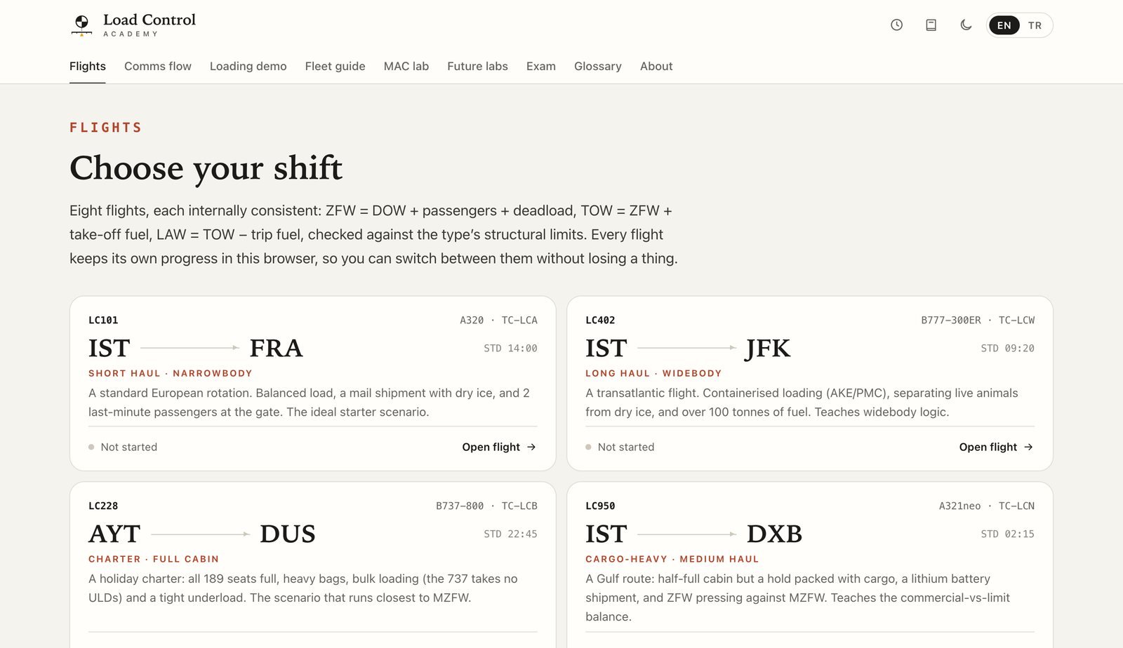 The Choose your shift page: flight cards for LC101 IST–FRA, LC402 IST–JFK, LC228 AYT–DUS and LC950 IST–DXB with aircraft type, departure time and progress