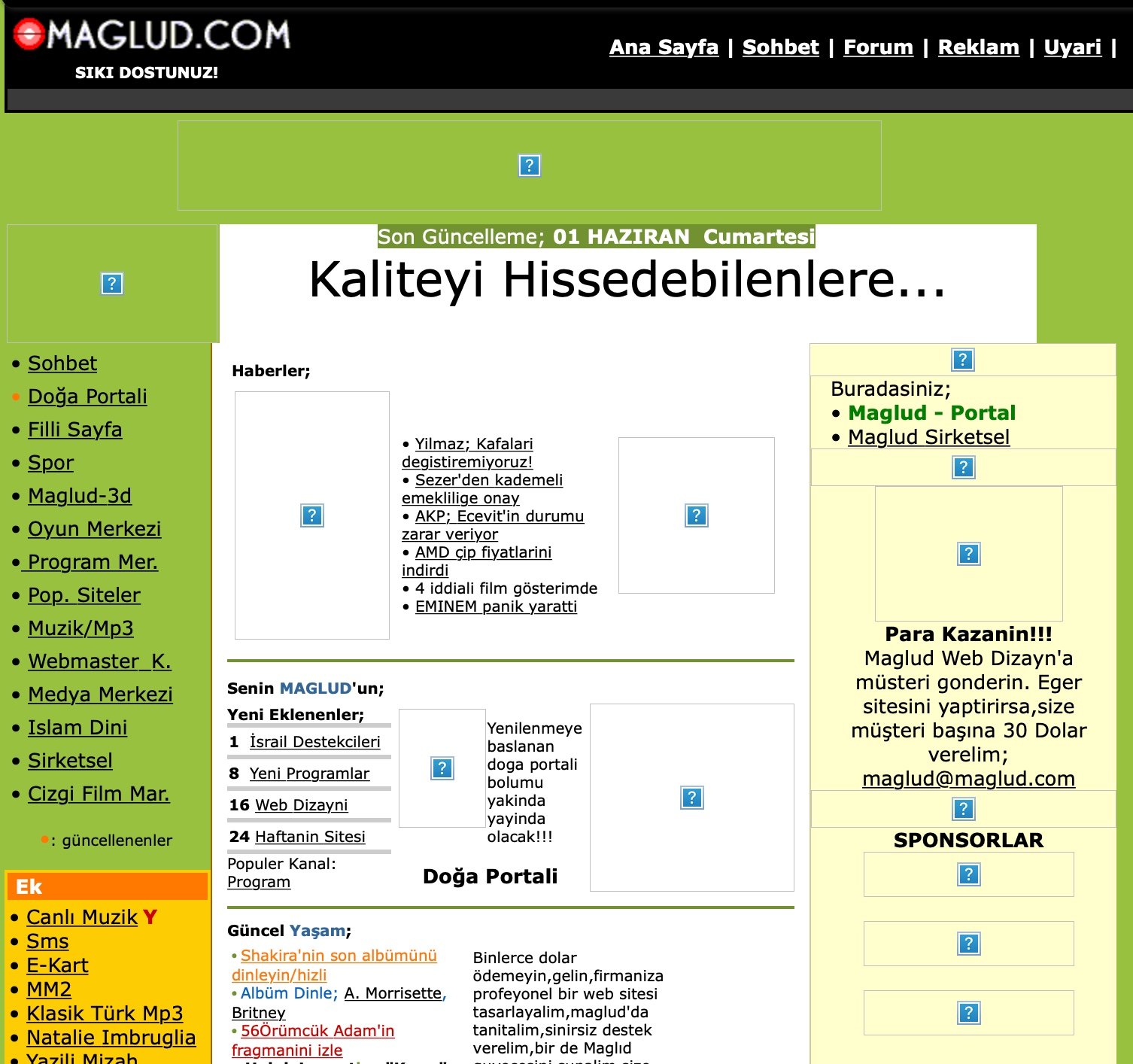 The maglud.com homepage: a lime-green portal with chat, forum, nature portal, games, music and a 'Make money' referral box