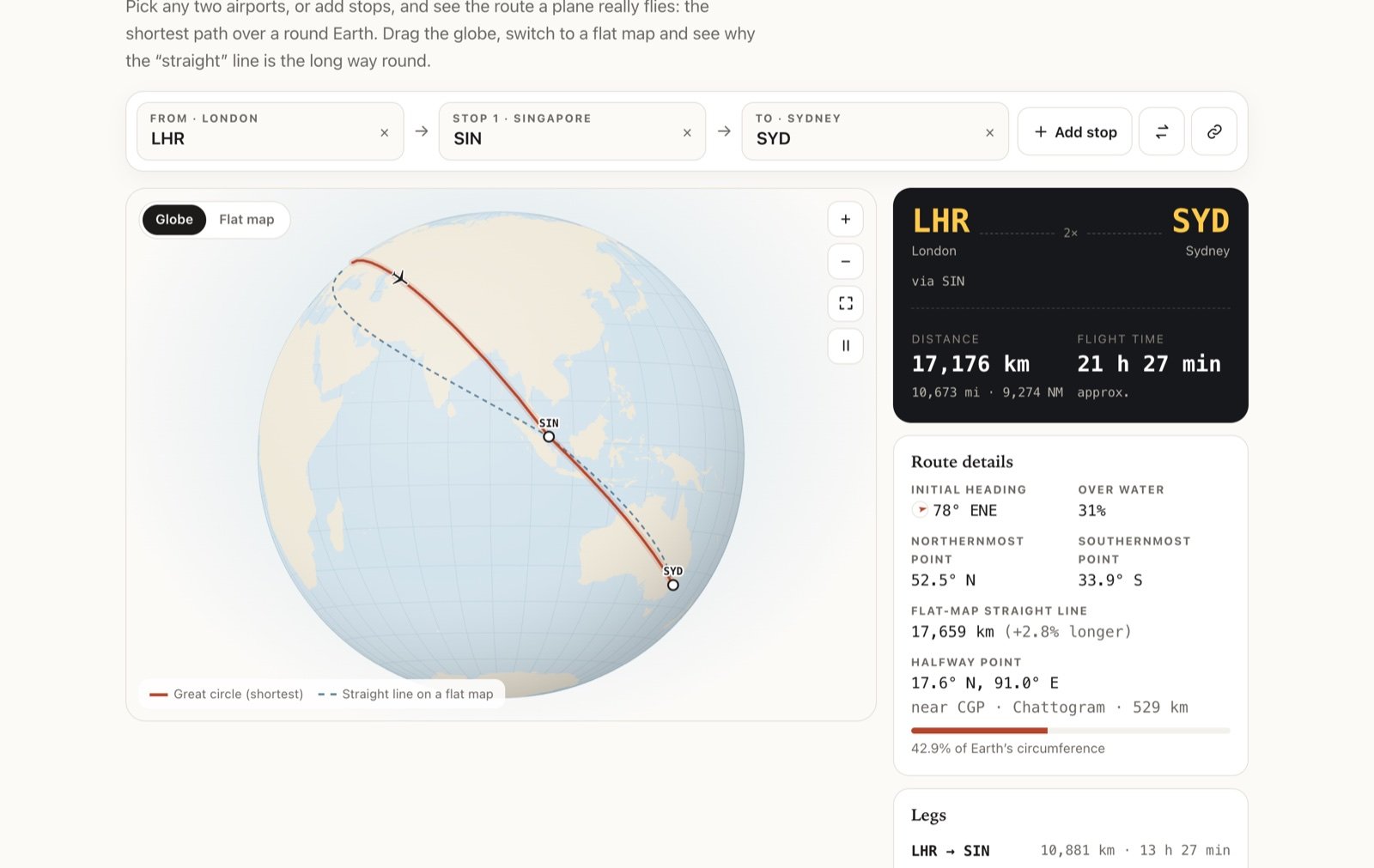 Multi-stop Kangaroo Route from London Heathrow via Singapore to Sydney on the 3D globe, 17,176 km in total