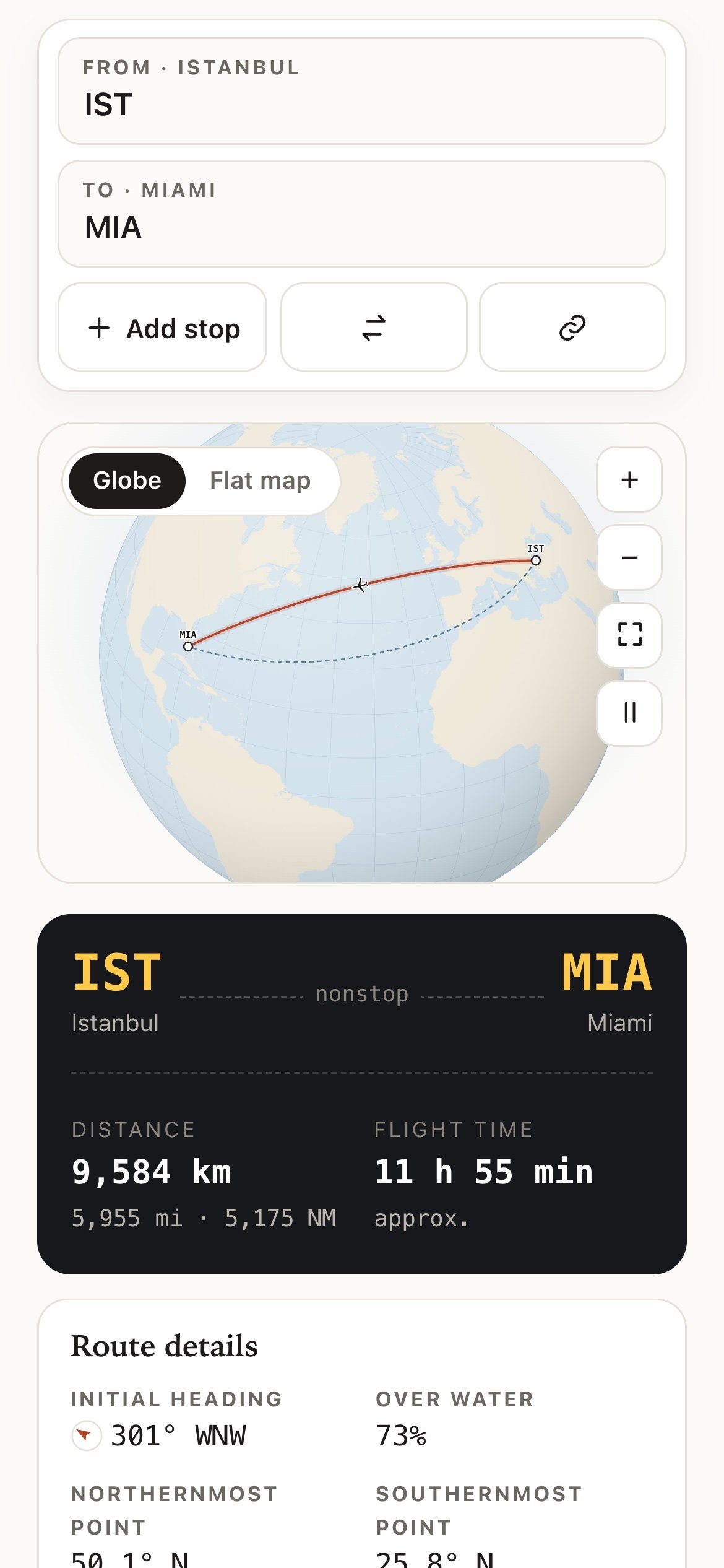 Flight Route Mapper on a phone in English, showing Istanbul to Miami on the globe and the distance and flight time