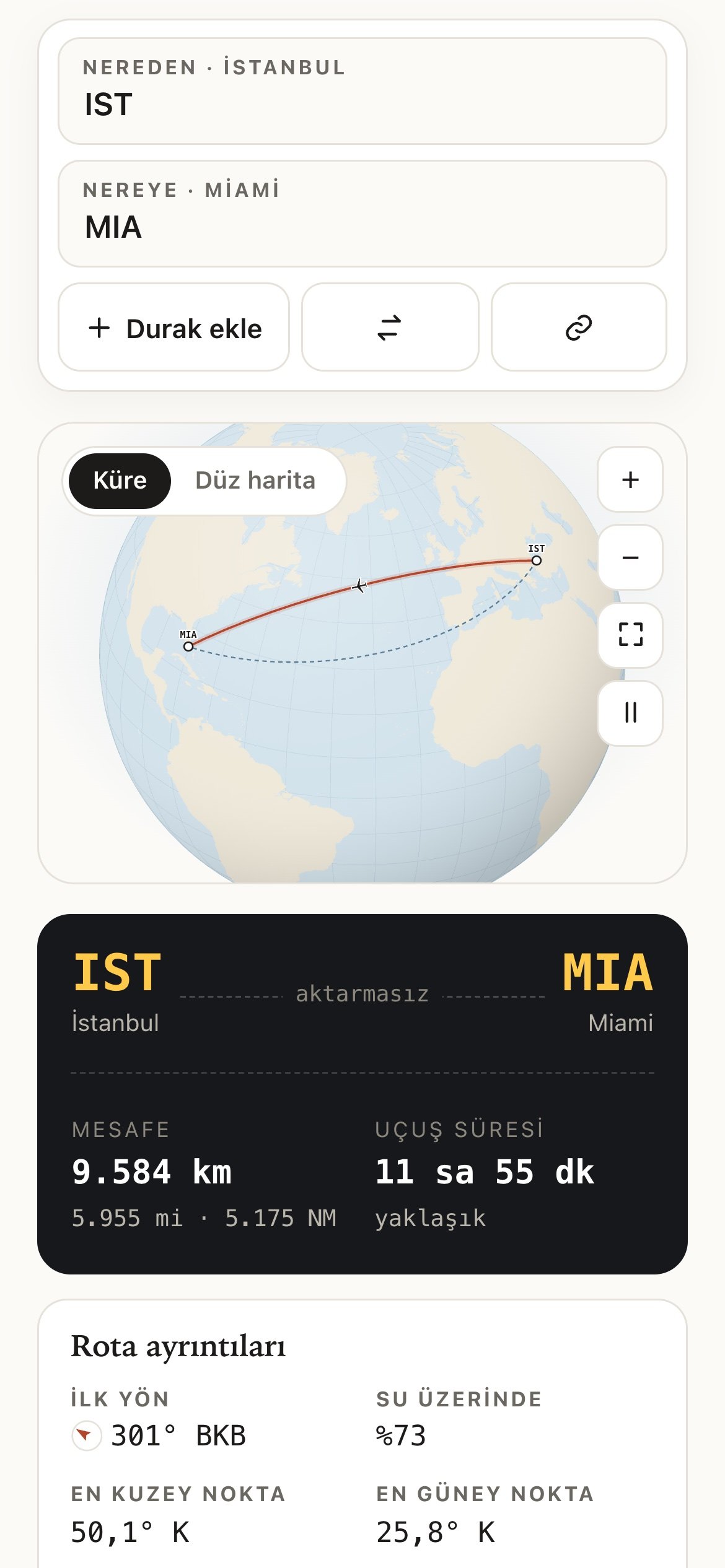 Flight Route Mapper on a phone in Turkish, showing the İstanbul to Miami route on the globe with distance (Mesafe) and flight time (Uçuş süresi)